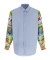 Comme Des Garçons Patterned Sleeve Cotton Poplin Shirt With Asymmetrical Hem In Blue