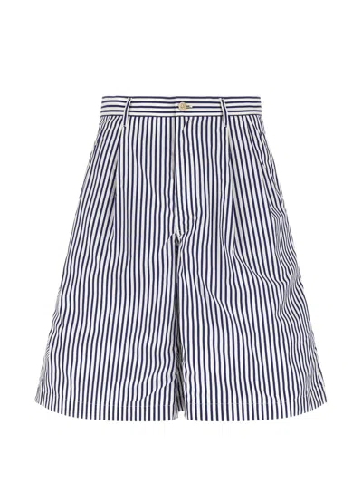 Comme Des Garçons Shirt Striped-pattern Pleated Shorts In Blue