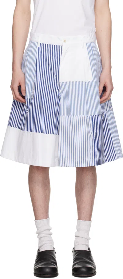 Comme Des Garçons Shirt White & Navy Patchwork Striped Shorts