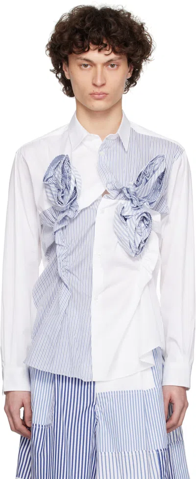 Comme Des Garçons Shirt White & Navy Poplin & Stripe 3d Roses Shirt