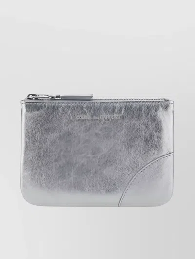 Comme Des Garçons Small Leather Coin Purse With Metallic Finish In Silver