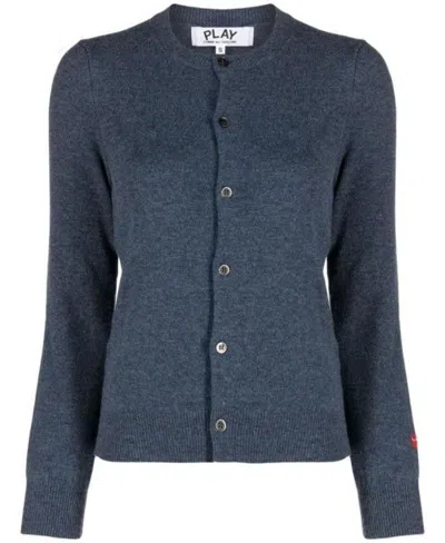 Comme Des Garçons Small Red Heart Patch Wool Cardigan In Blue