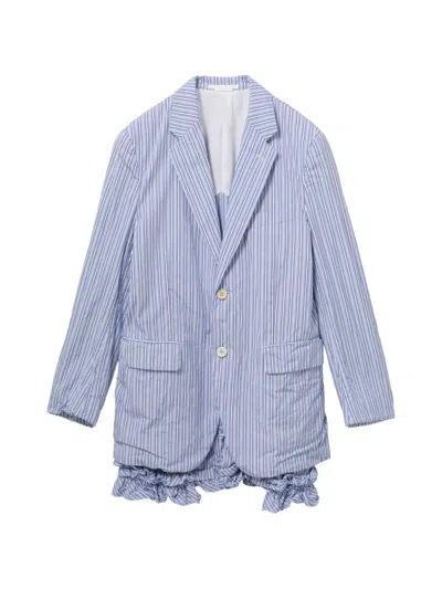 Comme Des Garçons Stripe Ruffle Hem Single Breasted Cotton Blazer In Blue