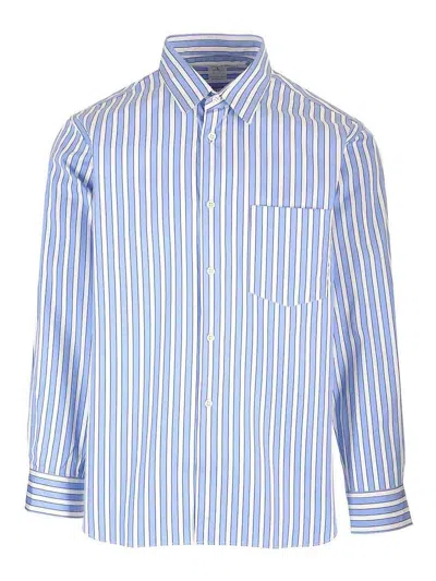 Comme Des Garçons Striped Cotton Shirt In Blue