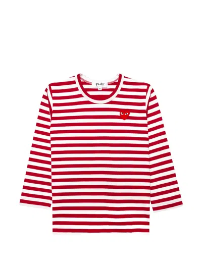 Comme Des Garçons Kids' Striped Heart-patch T-shirt In Red