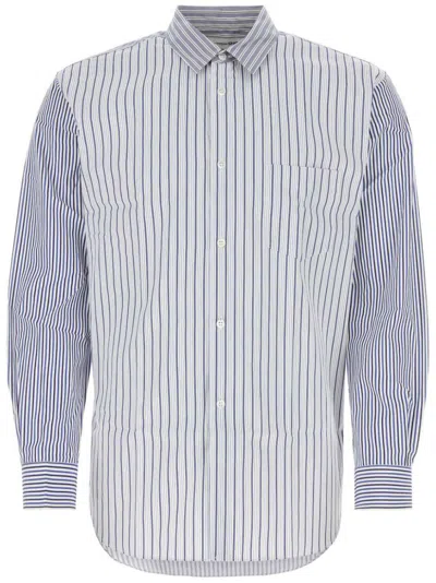 Comme Des Garçons Striped Poplin Shirt With Button-down Collar In Blue