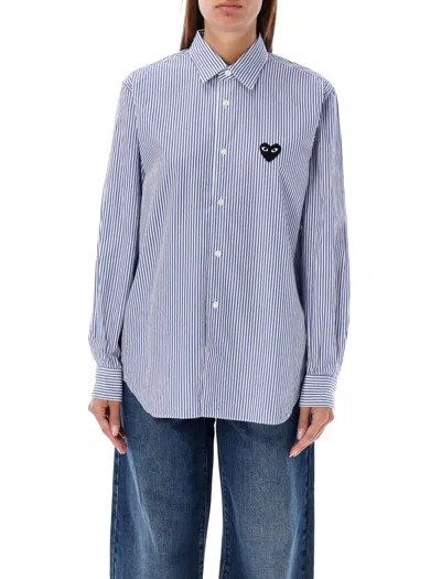 Comme Des Garçons Striped Shirt With Black Heart Patch In Blue