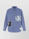 Comme Des Garçons Patch Striped Cotton Poplin Shirt With Unique Embroidery In Blue