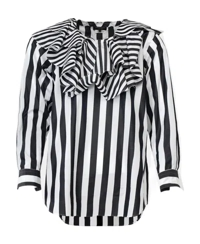Comme Des Garçons Striped Shirt With Lotus Leaf Edge In Black