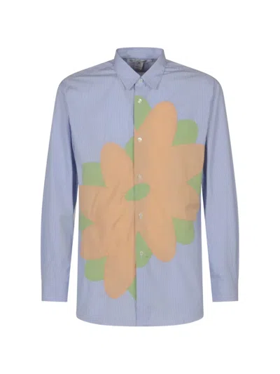 Comme Des Garçons Stripe-pattern Floral-print Shirt In Blue