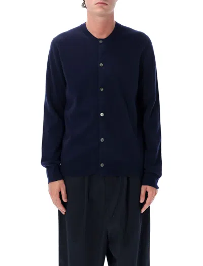 Comme Des Garçons Crew Neck Lambswool Cardigan With Ribbed Trims In Blue