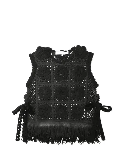 Comme Des Garçons Tao Floral Crochet Fringed Vest In Black