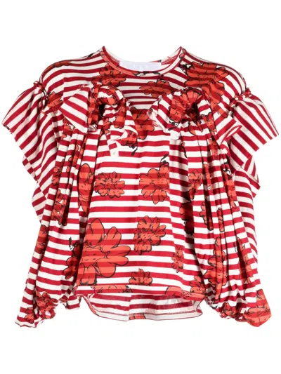 Comme Des Garçons Tao X Shun Sudo Floral-print Striped T-shirt In Rot