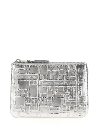 Comme Des Garçons Leather Wallet With Metallic Finish And Textured Surface In Silver