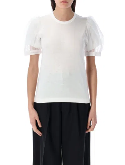 Comme Des Garçons Sheer Detail Puff Sleeve Top In White