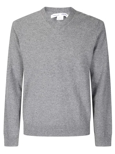 Comme Des Garçons V-neck Knit Sweater With Ribbed Details In Gray