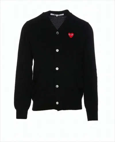 Comme Des Garçons V-neck Wool Cardigan With Distinctive Heart Emblem In Black