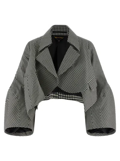 COMME DES GARÇONS VICHY PATTERNED WOOL SHRUG WITH DRAMATIC RUFFLED SLEEVES