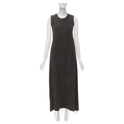 Pre-owned Comme Des Garçons Comme Des Garcons Vintage 1994 Boiled Wool Tweed Raw Frayed Edge Midi Dress M In Black