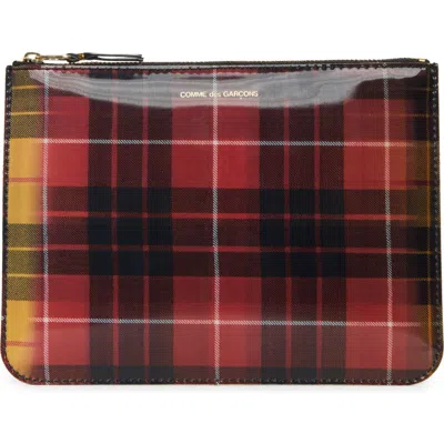 Comme Des Garçons Wallets Large Lenticular Tartan Coated Leather Zip Pouch In Red/yellow
