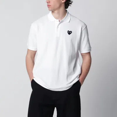 Comme Des Garçons White Black Heart Cotton Polo Shirt