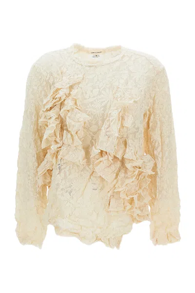 Comme Des Garçons White Crinkled Ruffle Lace Long-sleeve T-shirt In Neutral
