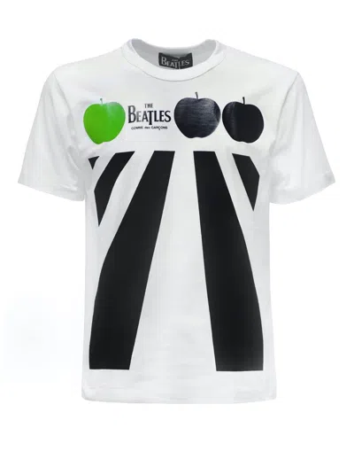 Comme Des Garçons White Graphic T-shirt With Beatles-inspired Design In Multi
