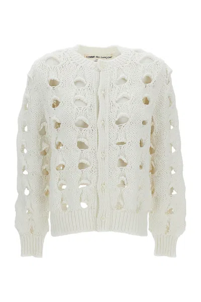 Comme Des Garçons White Openwork Crew Neck Cropped Cardigan In Beige
