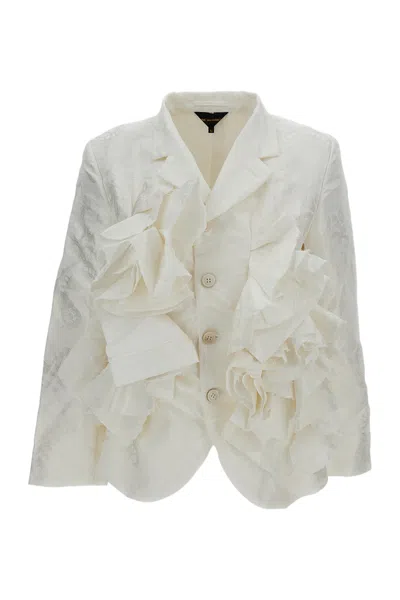 Comme Des Garçons White Structured Damask Ruffles Blazer