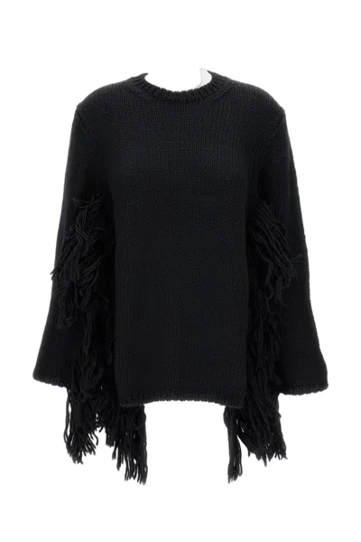 Comme Des Garçons Wide Cable Knit Sweater With Fringed Hem Detail In Black