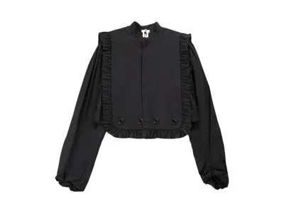 Pre-owned Comme Des Garçons Women's Comme Des Garcons Ruffle Trimmed Stand Collar Long Sleeve Blouse In Hunter Navy Blue