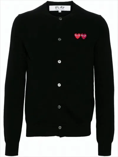 Comme Des Garçons Wool Cardigan With Dual Heart Embroidery In Black