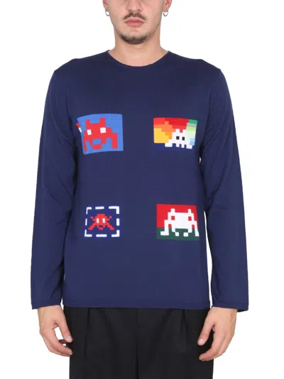 Comme Des Garçons Pixelated Graphic Wool Jersey Sweater In Blue