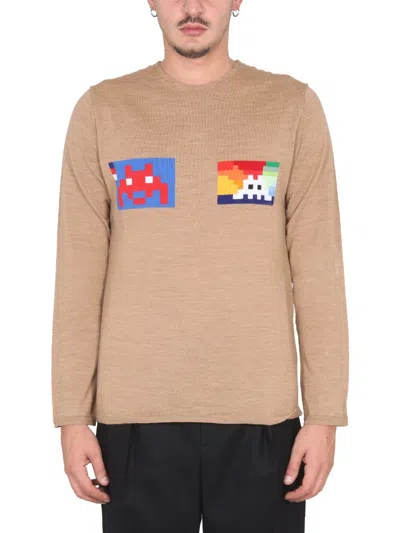 Comme Des Garçons Crew Neck Wool Jersey Sweater Graphic Design In Brown