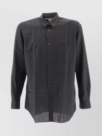 Comme Des Garçons Wool Shirt With Chest Pocket And Curved Hem In Blue