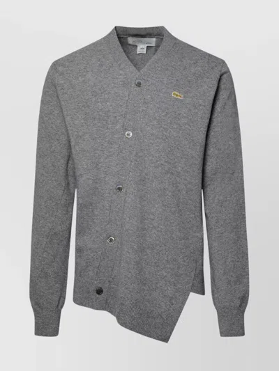 Comme Des Garçons Wool V-neck Cardigan With Ribbed Cuffs And Hem In Gray