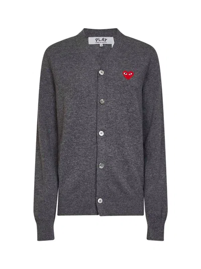 Comme Des Garçons Wool With Red Heart Emblem Cardigan In Gray
