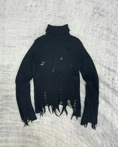 Pre-owned Comme Des Garcons X Junya Watanabe Ad2003 Distressed Wool Knit Turtleneck Sweater In Black