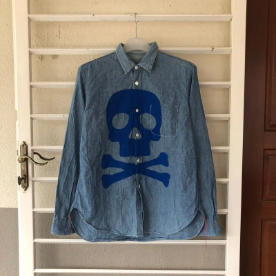 Pre-owned Comme Des Garcons X Junya Watanabe Comme Des Garçon Long Sleeve Chambray Shirt Big Skull Logo In Blue