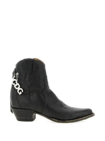 Comme Des Garçons Western Mid Heel Boots Pointed Toe Embroidery In Black