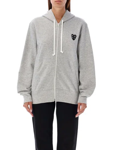 Comme Des Garçons Zipped Hoodie With Black Double-heart Patch In Gray