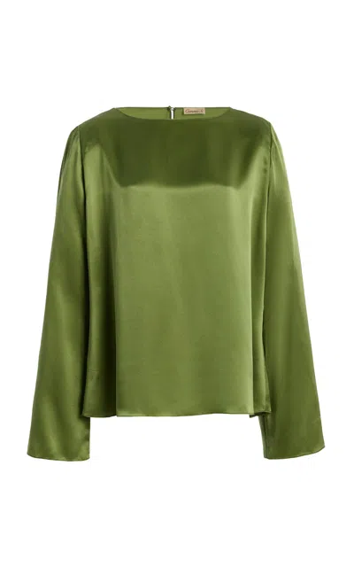 Comme Si Bell Sleeve Silk Top In Green