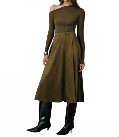 Commense Soft Suede Effect A-line Midi Skirt In Dark Green In Brown