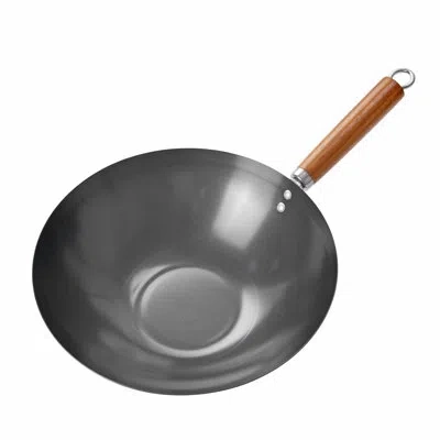 Commercial Chef Chk Series  12" Carbon Steel Wok With Acacia Wood Handle, Non Stick Stir Fry Pan In Black