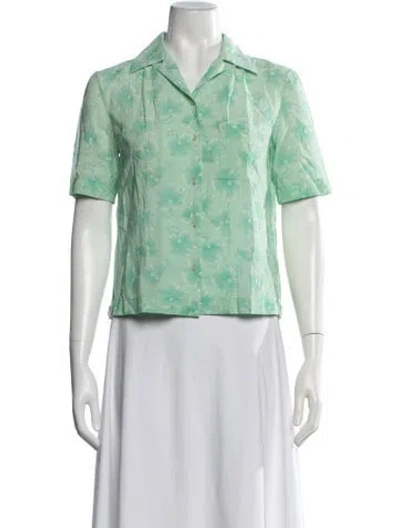 Pre-owned Commission Floral Print Short Sleeve Button-up Top In Green