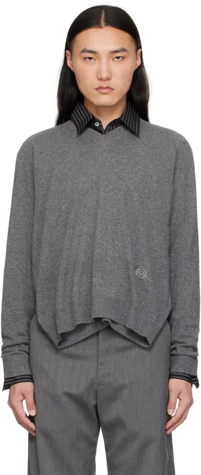 Commission Gray Double Front V-neck Sweater In Charcoal