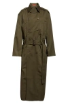 Commission Hunter Double Breasted Long Trench Coat In Olive