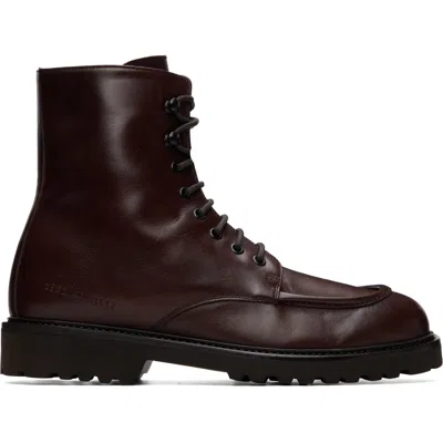 Common Projects バーガンディ スムースレザー レースアップブーツ In Dark Brown 9417