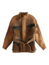 Communs Belted Patchwork Jacket In Brown