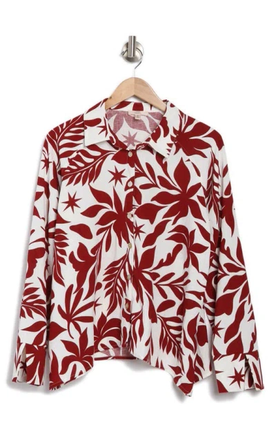 Como Vintage Floral Print Button Front Shirt In Cloud Dancer/ Sun Dried Tomato
